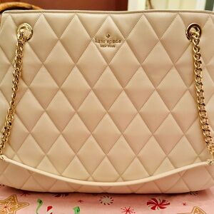 Kate Spade Beige Quilted Shoulder Bag with Gold Chain